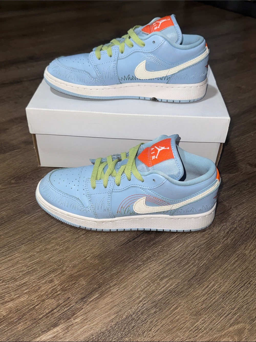 Nike Jordan one Light Blue Low-Top Sneakers with White Swoosh and Lime Laces